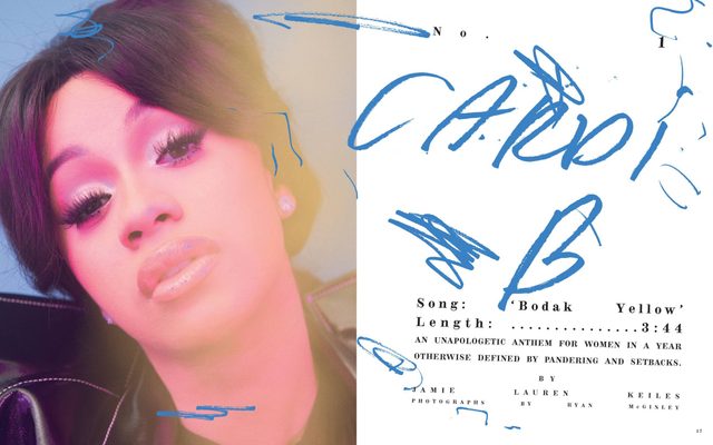 A photo of Cardi B with blue handwriting and scribbles over white reading 