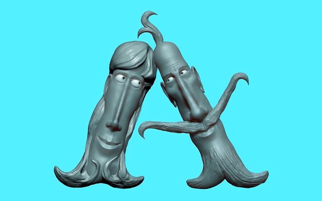 3D composite art of two oblong faces, one with long hair and the other with a long mustache, leaning in touching foreheads and giving longing looks at each other