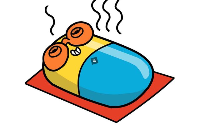 A cartoon of a blue and yellow pill wearing orange sunglasses and a smile, lies down on a red beach towel with cartoon heatwaves emitting from it