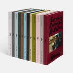 A set of ten colorful film script books standing upright in a row on a white background.