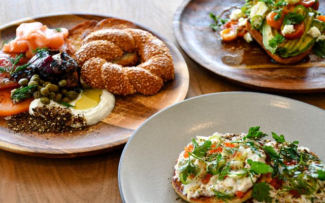 3 plates of food with breakfast items