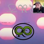 Zoom webinar screengrab with colorful collage in background and image of two men speaking into microphones