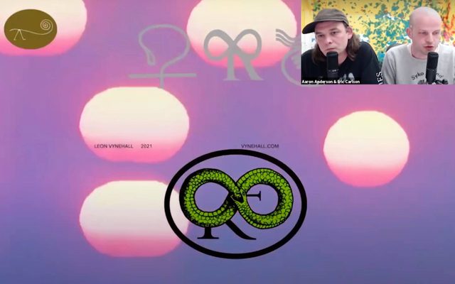 Zoom webinar screengrab with colorful collage in background and image of two men speaking into microphones