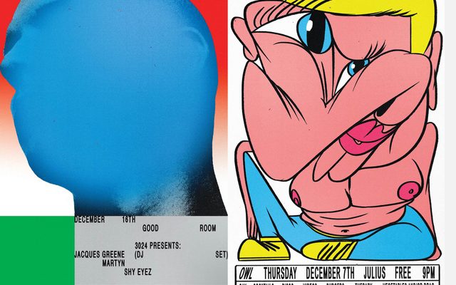 Event fliers with colorful and cartoon images of people with event details below in black print