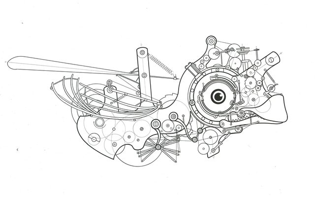 A digital diagram of a wind up bird toy