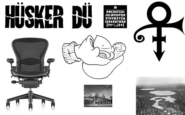 A mix of black and white images: LOGO: Husker Du, an alphabet and numeral chart, Prince's logo, a photo of a desk chair, a cartoon turtle turned sideways, a photo of a lake, and a photo of a building exterior