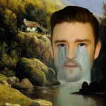 Digital painting of a landscape with trees and a home atop a hill, next to Justin Timberlake's face crying a stream into the river below. With an MTV logo in the bottom right corner