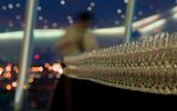 A rows of clean champagne glasses on a long black table with a blurred background
