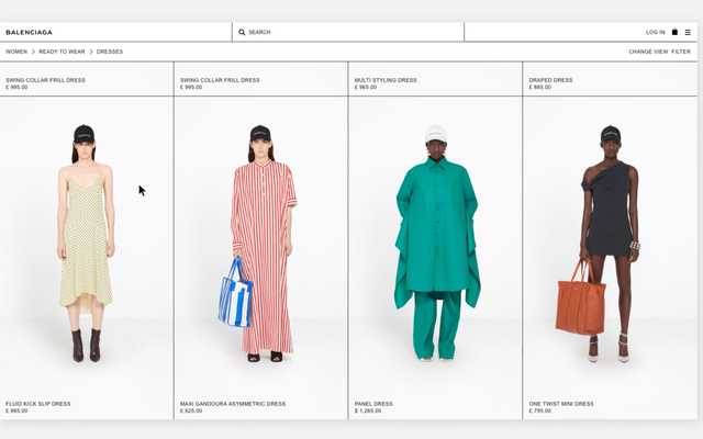 A screenshot of a Balenciaga shopping webpage with 4 women's dresses showing prices in pounds