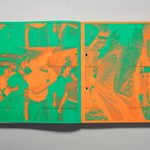 An art book open to a artists photo that included adults dancing colored in orange and green