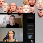 Zoom conversation window overlaid on image of 30 hanging faces in gallery