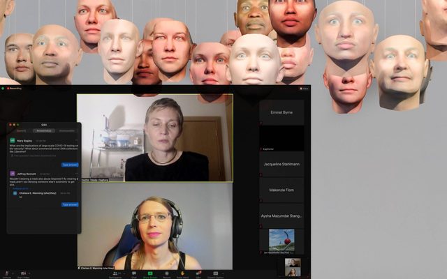 Zoom conversation window overlaid on image of 30 hanging faces in gallery