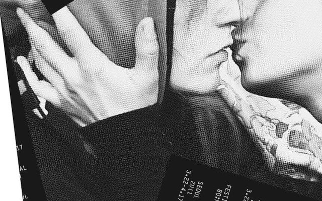 A digitally designed black and white photo of two people about to kiss, with paper folds revealing white text reading: Festival 80:M Seoul 2011 3.22-4.17