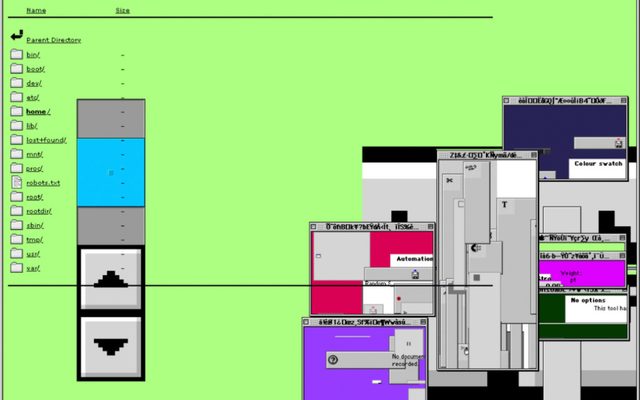 A digital image of a Netscape window web browser with a lime green background, with a table of HTML folderson the left, a large arrow scroll, and several error message boxes piled on top of each other to the right
